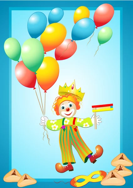 Funny clown with balloons, mask, noise maker and purim cookies — Stock Vector
