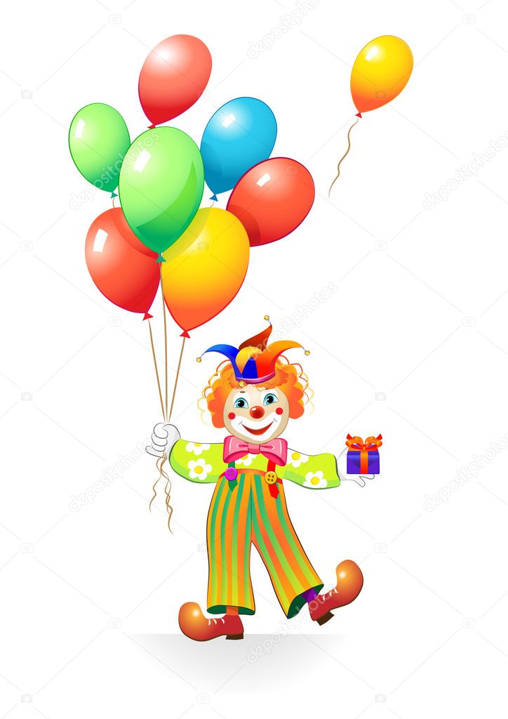 Funny clown with baloons and gift