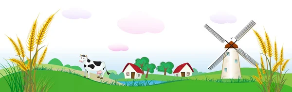 Zemědělství pozadí s domy, kráva a pšenice — Stockový vektor