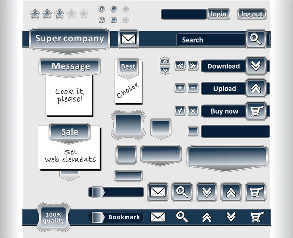 Definir elementos web cor azul com borda de metal —  Vetores de Stock