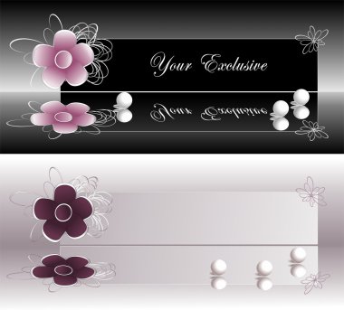 Exclusive labels banners with pink and violet flower and pearls clipart