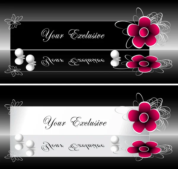 Etiquetas exclusivas banners con flores rojas y perlas — Vector de stock