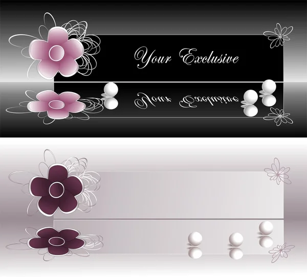 Label eksklusif spanduk dengan warna merah muda dan ungu bunga dan mutiara - Stok Vektor