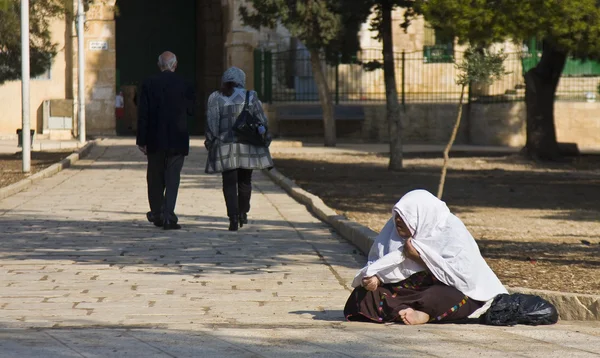 老女人行乞的耶路撒冷圣殿山 — 图库照片