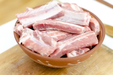 Raw pork ribs on a plate clipart