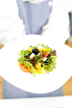 Beyaz tabakta taze Yunan salatası