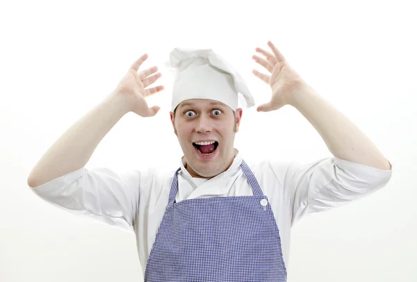 Scared chief cook with hands up — Stock Photo, Image