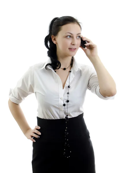 孤立在白色背景上的移动电话上交谈的商界女强人 — 图库照片