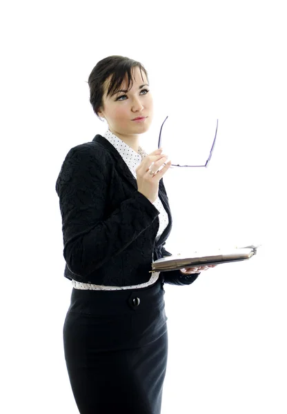 Gözlük ve not defteri düşünce, üzerinde beyaz izole iş kadın — Stok fotoğraf
