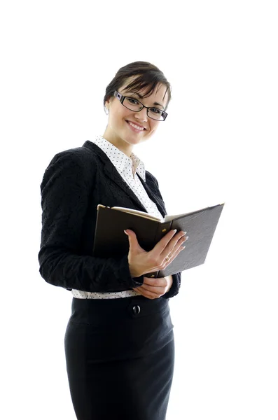 Donna d'affari in occhiali e blocco note isolato su bianco — Foto Stock