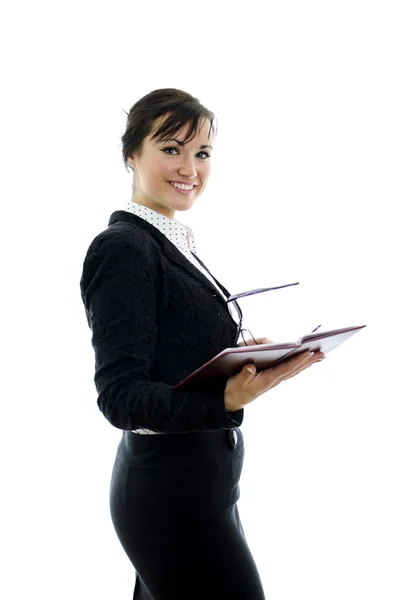 Biznes kobieta na białym tle notatnik i okulary — Zdjęcie stockowe