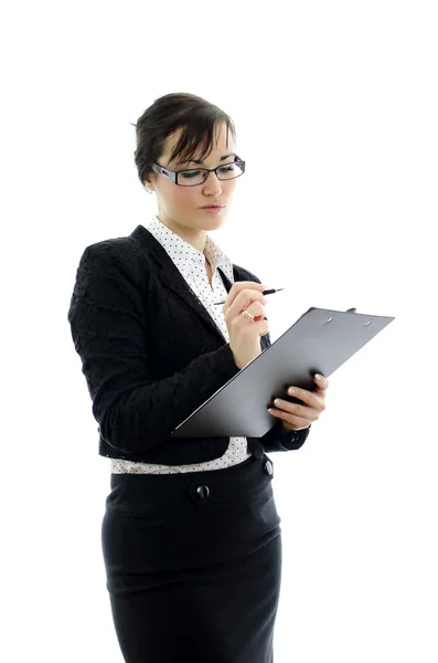 Gözlük ve not defteri üzerine beyaz izole iş kadın — Stok fotoğraf
