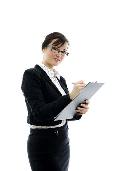 Γυναίκα των επιχειρήσεων σε γυαλιά και σημειωματάριο που απομονώνονται σε λευκό — Φωτογραφία Αρχείου