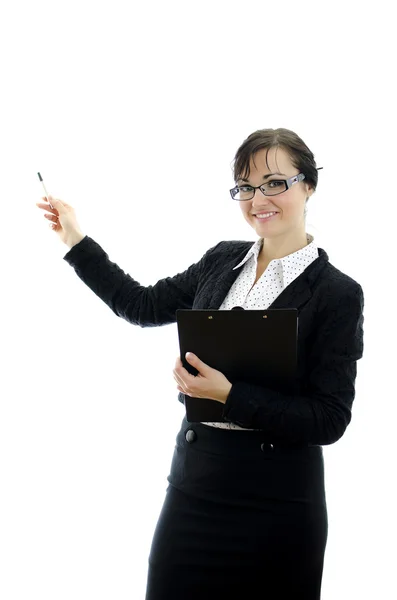 Femme d'affaires en lunettes pointant vers le copyspace, isolée sur blanc — Photo
