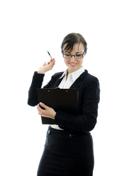Femme d'affaires en lunettes pointant vers le copyspace, isolée sur blanc — Photo