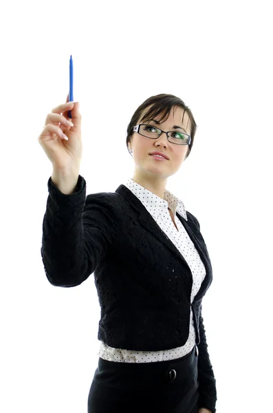 Бизнес-леди в очках, указывающих на копирайт, изолированная на белом — стоковое фото