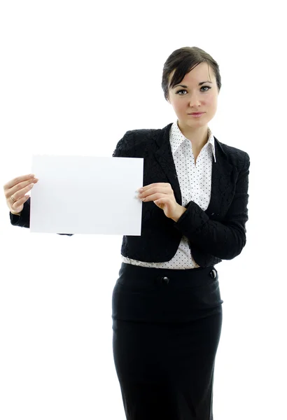 Виконавча жінка з візитною карткою або білим знаком, ізольована на білому — стокове фото