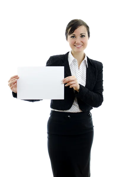 Mulher executiva com cartão de visita ou sinal branco, isolado em branco — Fotografia de Stock
