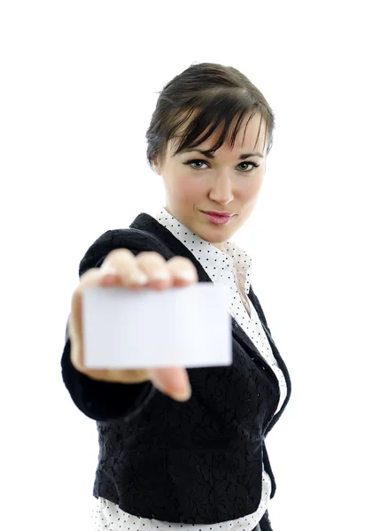 Исполнительная женщина с визитной карточкой или белым знаком, изолированная на белом — стоковое фото