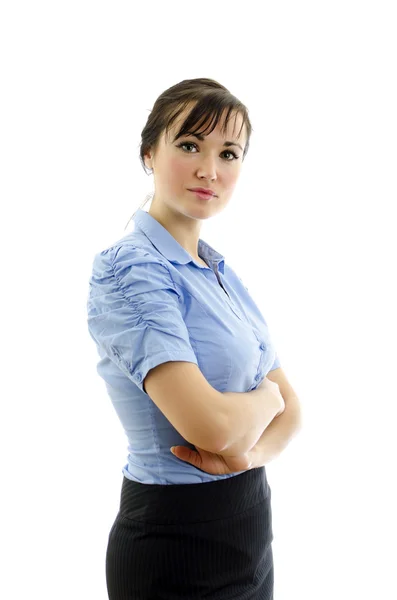 Donna d'affari in camicetta blu con braccia incrociate, isolata su bianco — Foto Stock