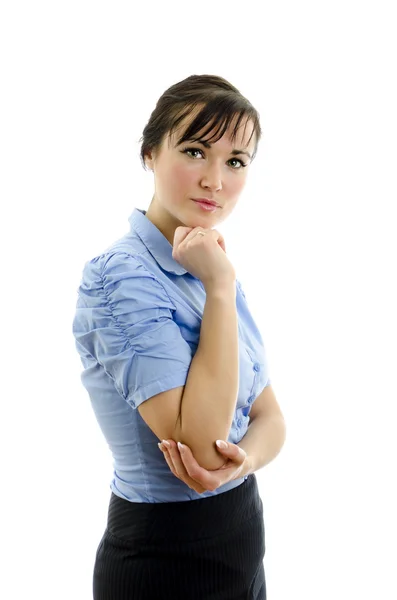 Mulher de negócios em blusa azul com braços cruzados, isolado em branco — Fotografia de Stock