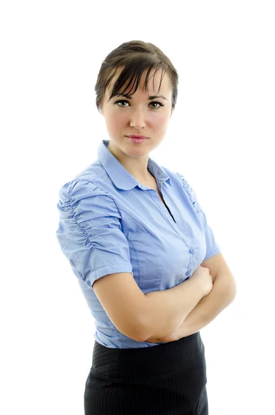 Donna d'affari in camicetta blu con braccia incrociate, isolata su bianco — Foto Stock