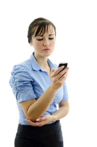 Mulher de negócios discando o telefone, isolado em branco — Fotografia de Stock