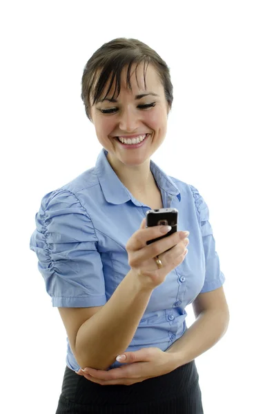 Affärskvinna ringer telefonen, isolerad på vit — Stockfoto