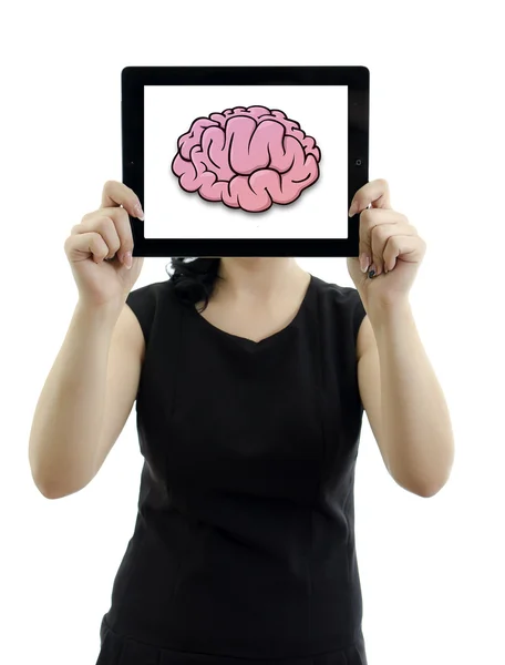 Woman holding tablet pc. Brain concept. Isolated on white.