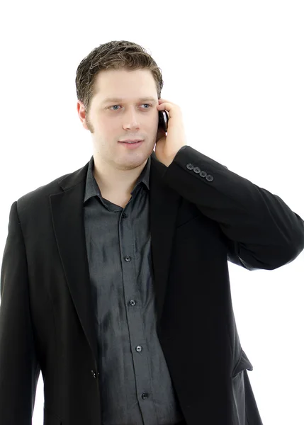 Retrato de un hombre de negocios joven y guapo hablando por teléfono móvil. Aislado — Foto de Stock