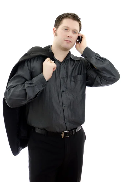 Портрет красивого молодого бізнесмена, який розмовляє по мобільному телефону. Ізольовані — стокове фото