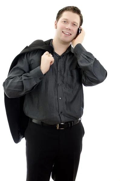 Portret przystojny mężczyzna młody biznes uśmiechający się rozmowy na telefon komórkowy. — Zdjęcie stockowe