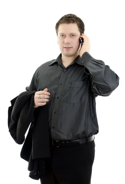 Mobil telefonda konuşurken bir yakışıklı genç iş adamı portresi. izole — Stok fotoğraf