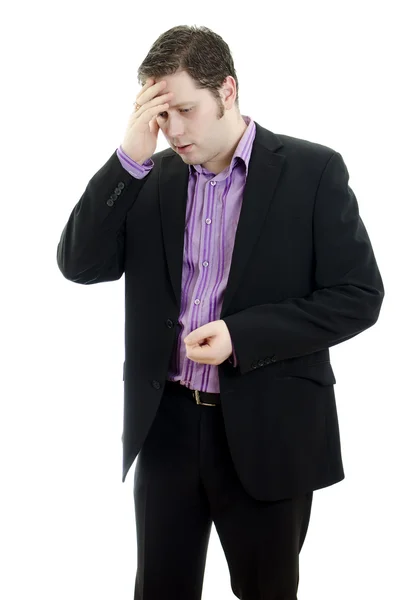 Portret mężczyzny młody biznes patrząc w depresji z pracy. na białym tle nad — Zdjęcie stockowe