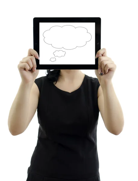 Woman holding tablet pc with cloud thinking concept. Isolated on white. — Stock Photo, Image