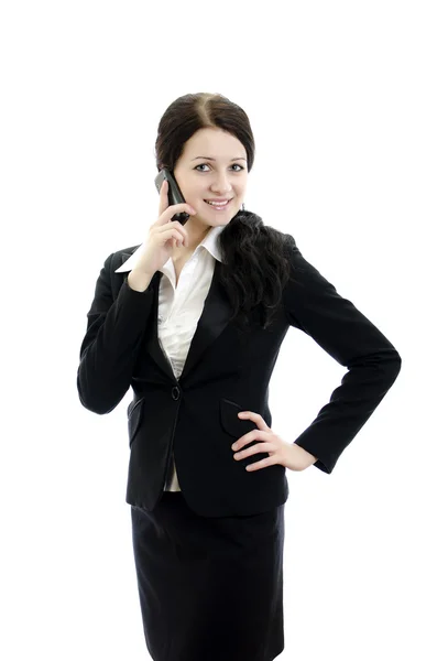 Retrato de una joven atractiva mujer de negocios con teléfono móvil. Aislado o —  Fotos de Stock