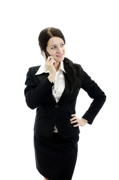 Retrato de uma jovem mulher de negócios atraente com telefone celular. Isolados — Fotografia de Stock