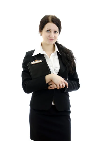 Portrait of a young attractive business woman with clipboard. Isolated on w — Stock Photo, Image