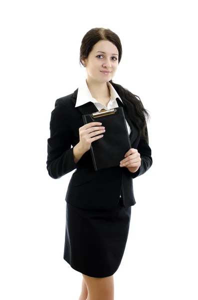 Portrait of a young attractive business woman with clipboard. Isolated on w — Stock Photo, Image