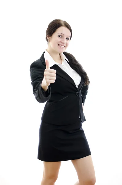 Retrato de uma jovem mulher de negócios atraente com polegares para cima gesto. Isola — Fotografia de Stock
