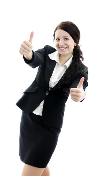 Retrato de uma jovem mulher de negócios atraente com polegares para cima gesto. Isola — Fotografia de Stock