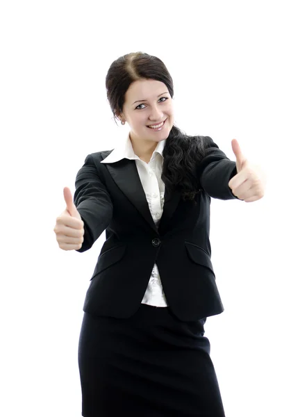 Retrato de una joven atractiva mujer de negocios con el pulgar hacia arriba gesto. Isola —  Fotos de Stock