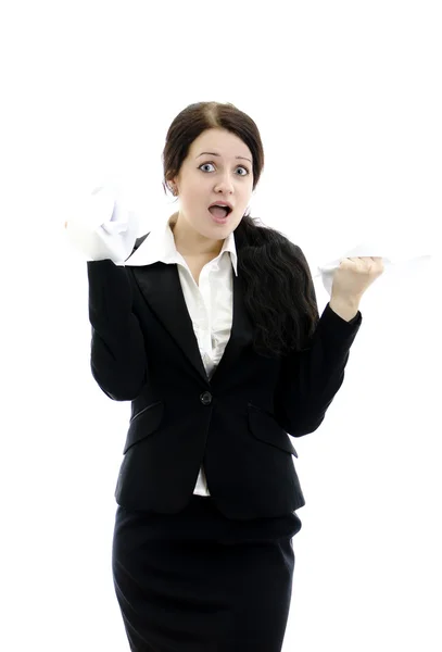 Mulher de negócios expressiva com papel nas mãos. Isolado sobre fundo branco — Fotografia de Stock