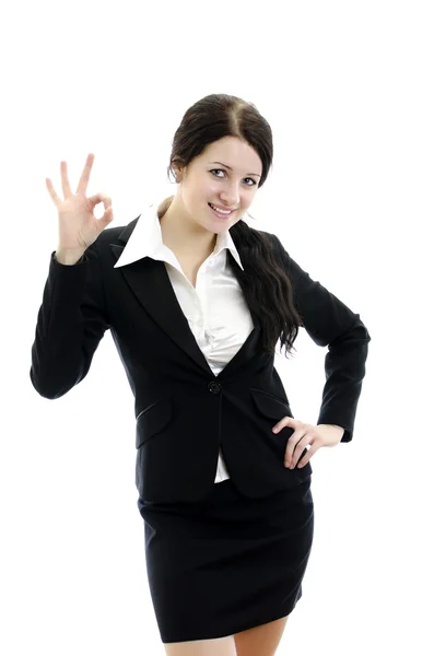 Portrait of business woman gesturing okay sign. Isolated on white. — Stock Photo, Image