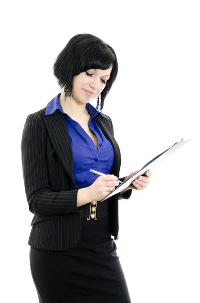 Портрет деловой женщины, подписывающей документ. На белом фоне . — стоковое фото