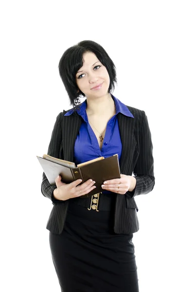 Portrait of a business woman with document. Over white background. — Stock Photo, Image