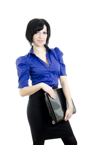Portrait of a business woman with laptop. Over white background. — Stock Photo, Image