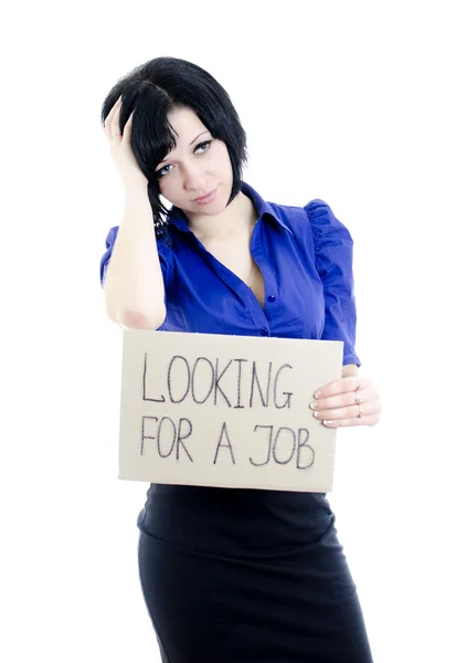 Unemployed woman with cardboard looking for a job. Isolated over white. — Stock Photo, Image