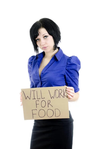 Femme au chômage avec du carton "Travaillera pour la nourriture". Isolé o — Photo