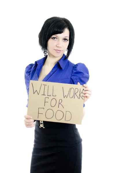 Werklozen vrouw met karton zal "werken voor voedsel". geïsoleerde o — Stockfoto
